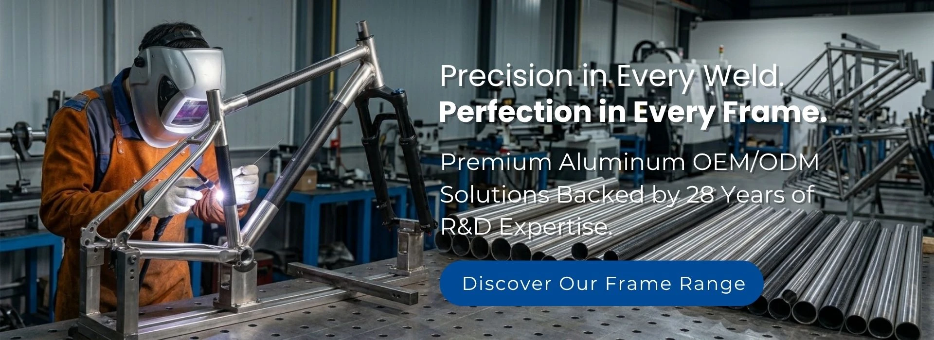 Professional welding of an aluminum alloy bicycle frame at ALU-MATE OEM ODM manufacturing facility
